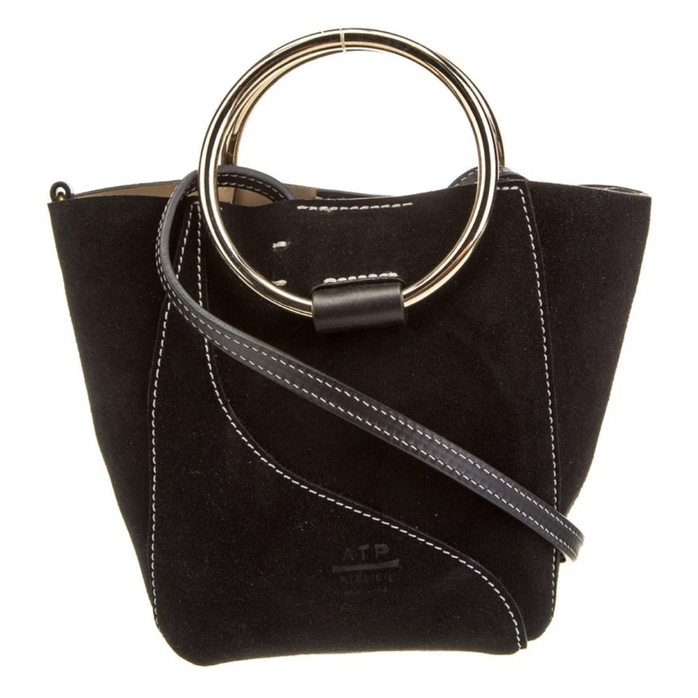 ATP Atelier Swedish Designer Black Suede Leather Handbag with Gold Ring Handle